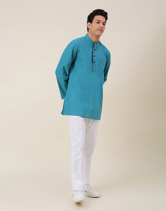 Teal Cotton Woven Short Kurta