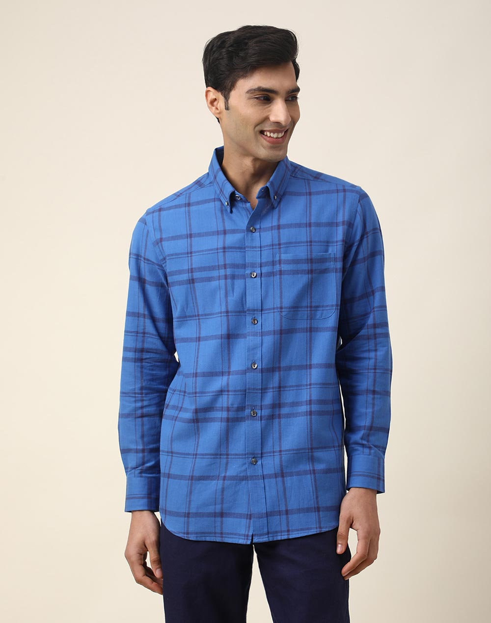 BLUE COTTON CHECK PRINT SHIRT