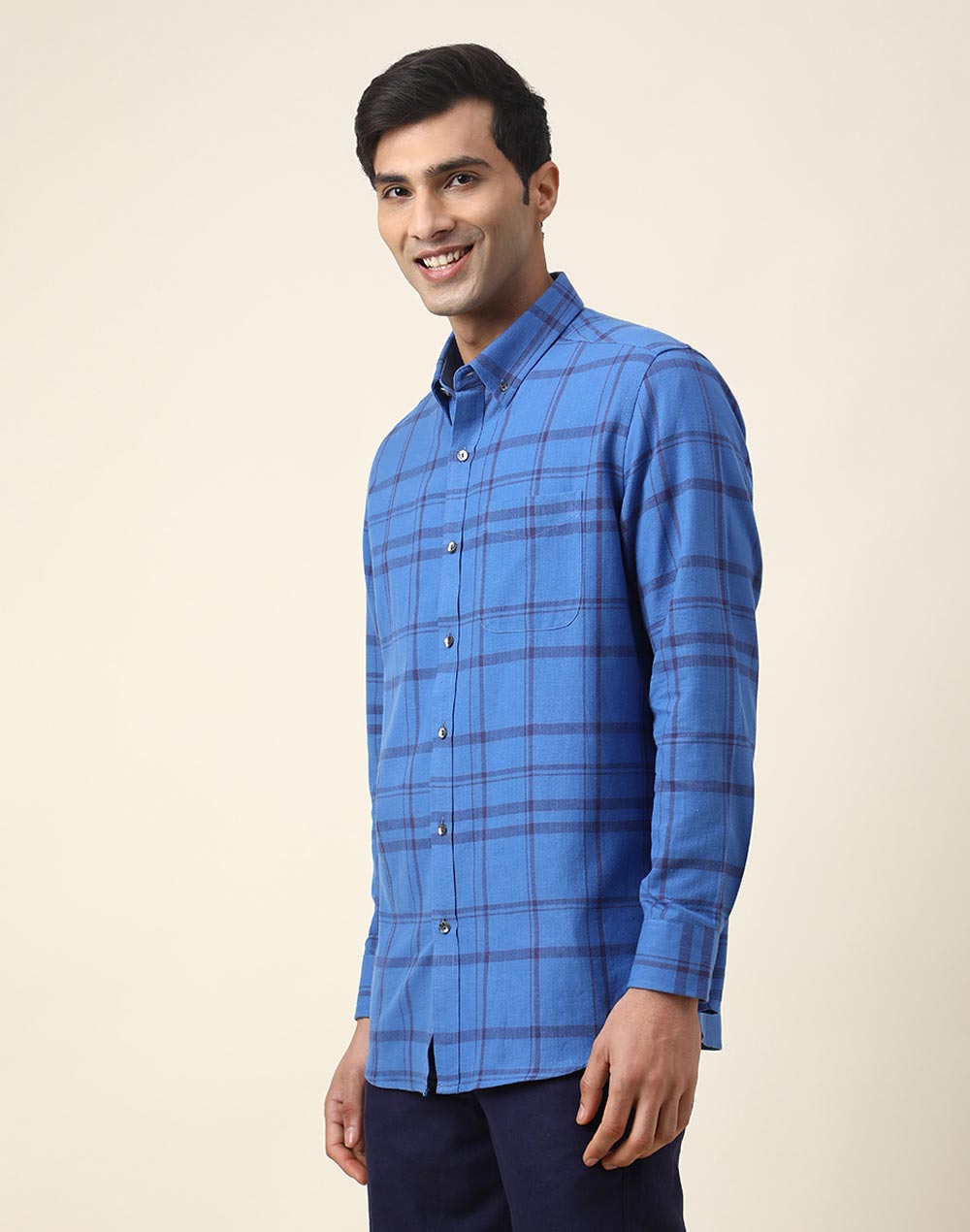 BLUE COTTON CHECK PRINT SHIRT