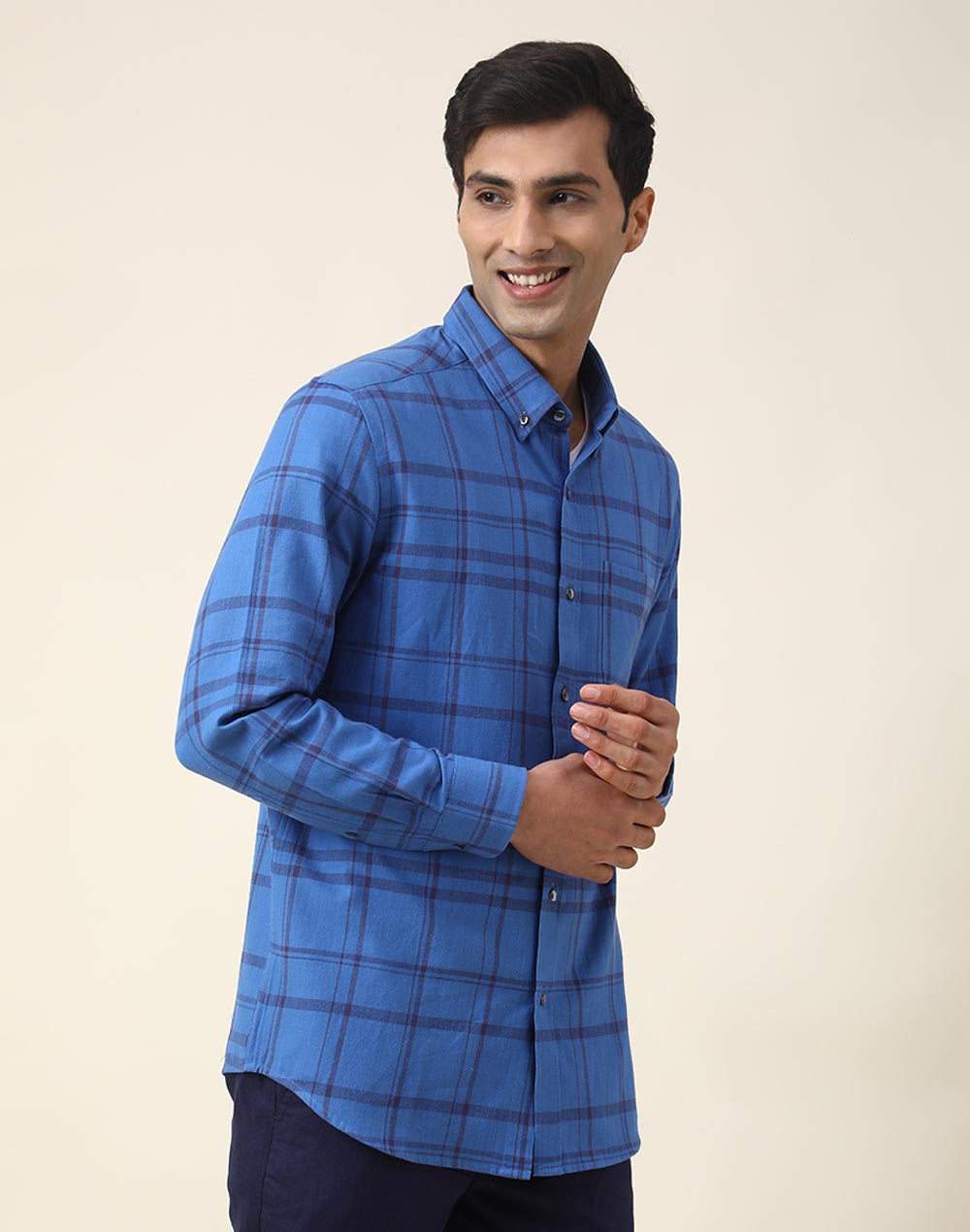 BLUE COTTON CHECK PRINT SHIRT