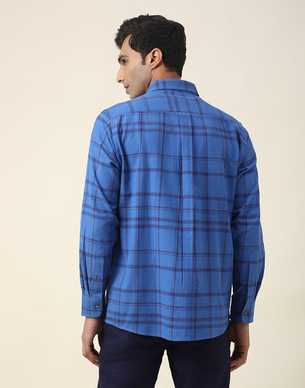 BLUE COTTON CHECK PRINT SHIRT