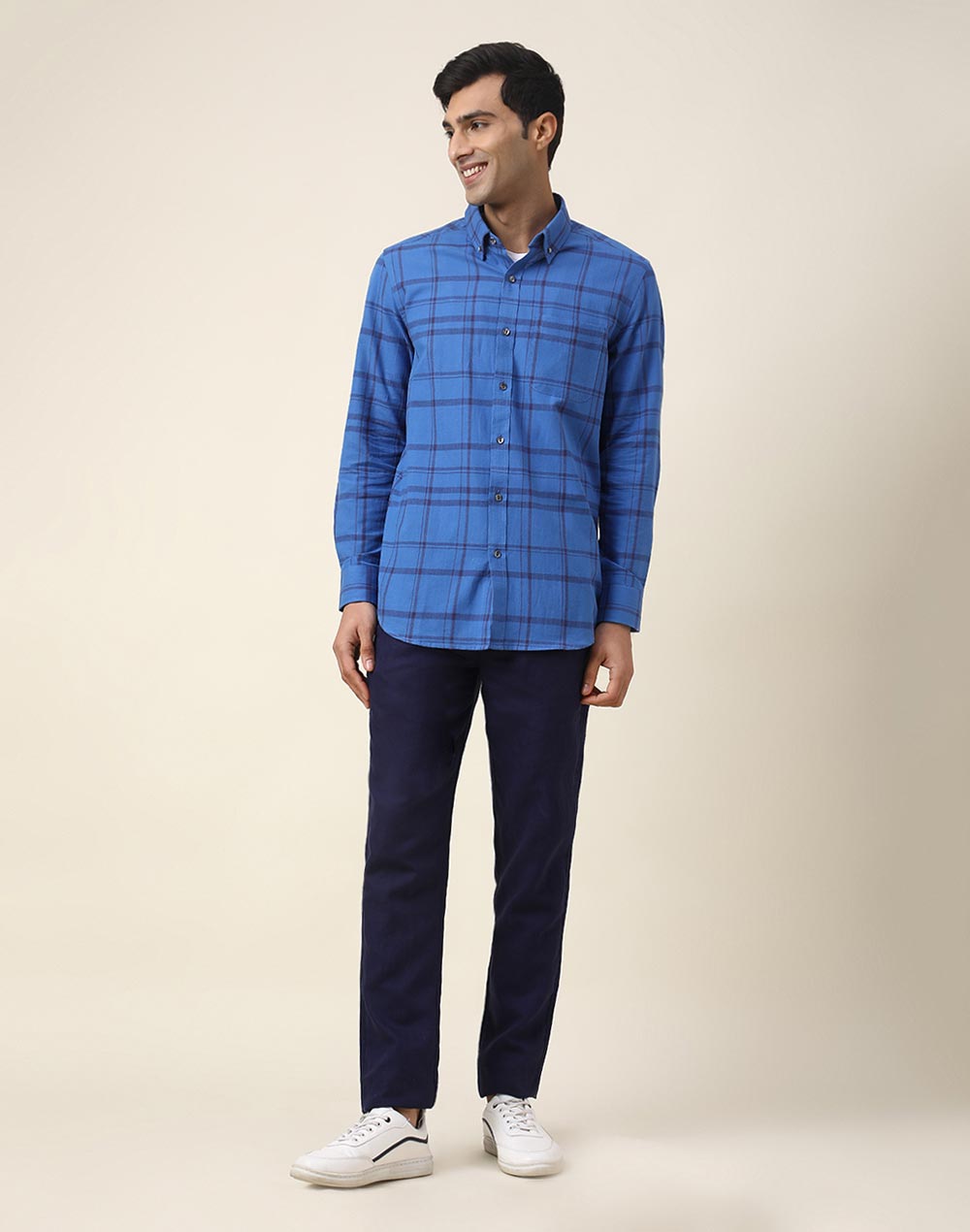 BLUE COTTON CHECK PRINT SHIRT