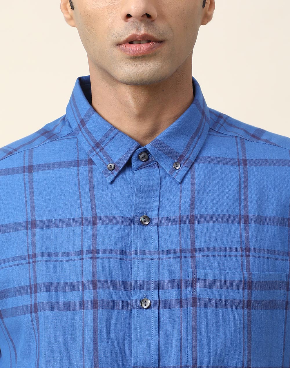 BLUE COTTON CHECK PRINT SHIRT