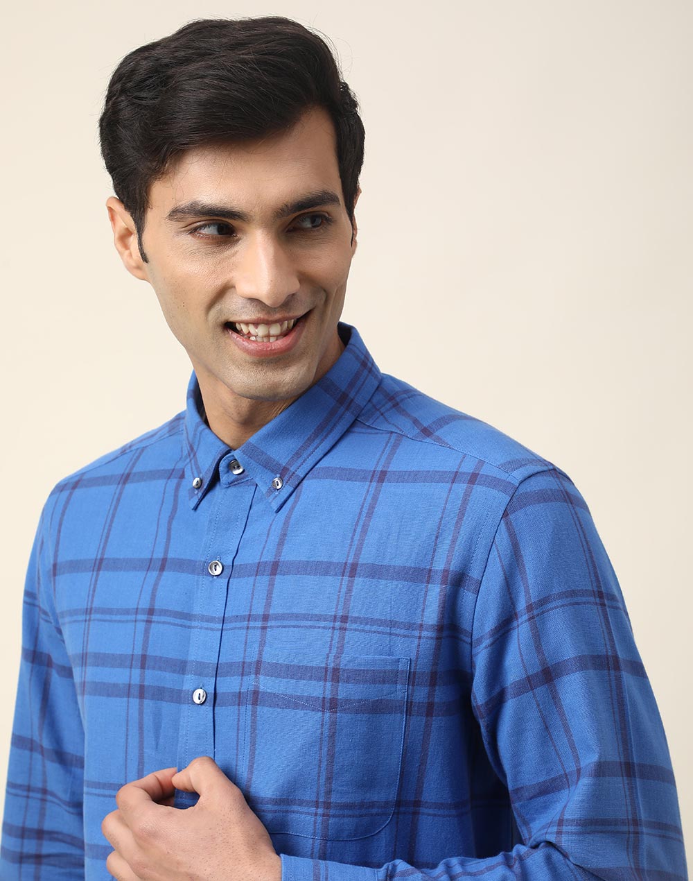 BLUE COTTON CHECK PRINT SHIRT