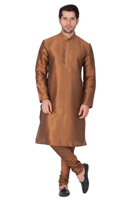 MEN'S BROWN COTTON SILK BLEND KURTA AND PYJAMA SET