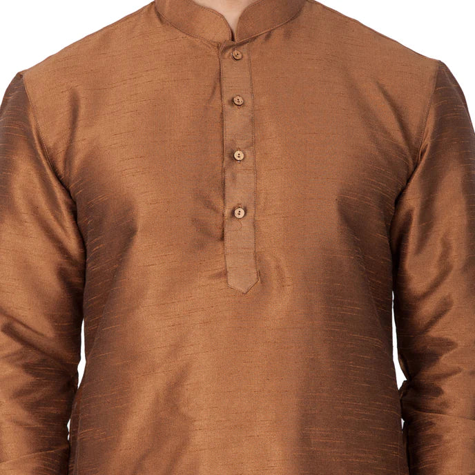 MEN'S BROWN COTTON SILK BLEND KURTA AND PYJAMA SET