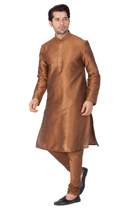 MEN'S BROWN COTTON SILK BLEND KURTA AND PYJAMA SET