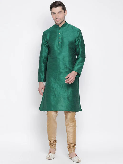 MEN'S GREEN COTTON SILK BLEND KURTA AND PYJAMA SET