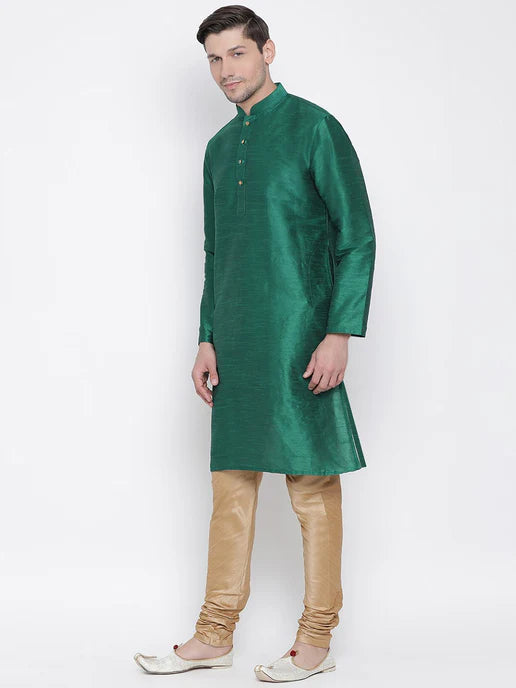 MEN'S GREEN COTTON SILK BLEND KURTA AND PYJAMA SET