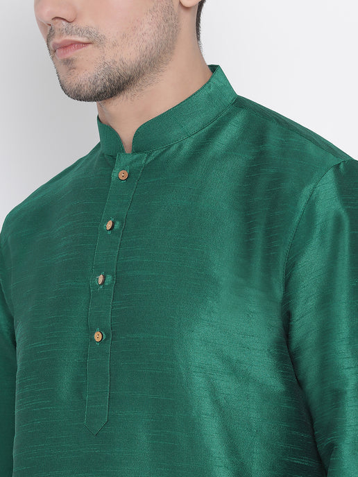 MEN'S GREEN COTTON SILK BLEND KURTA AND PYJAMA SET