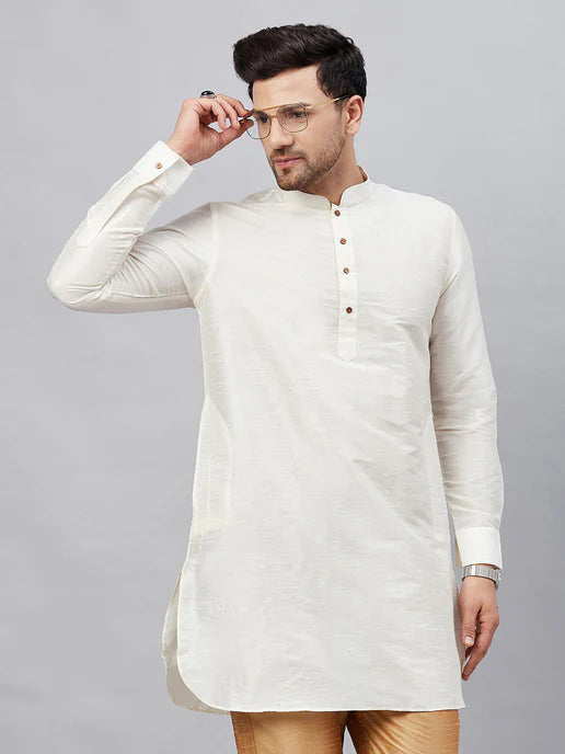 Men's Cream Silk Blend Curved Kurta