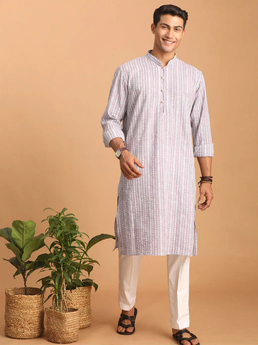 PURPLE AND WHITE BATIK PRINTED COTTON KURTA