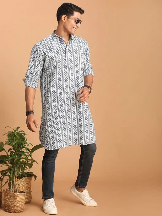 Men's White and Blue Geometrical Striped Printed Curved Kurta