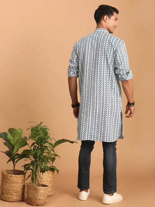 Men's White and Blue Geometrical Striped Printed Curved Kurta