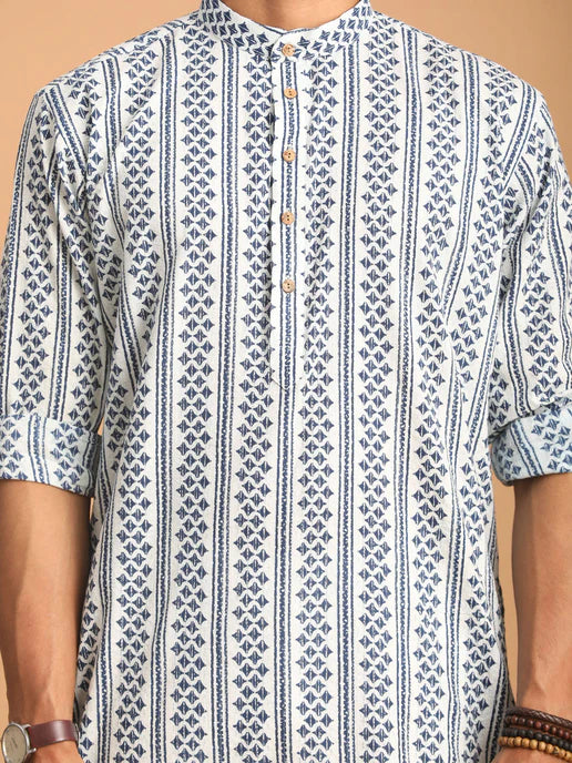 Men's White and Blue Geometrical Striped Printed Curved Kurta