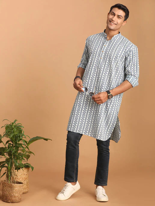 Men's White and Blue Geometrical Striped Printed Curved Kurta