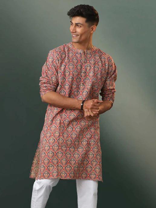 Men's Multi Color Base Red Ajrakh Printed Kurta