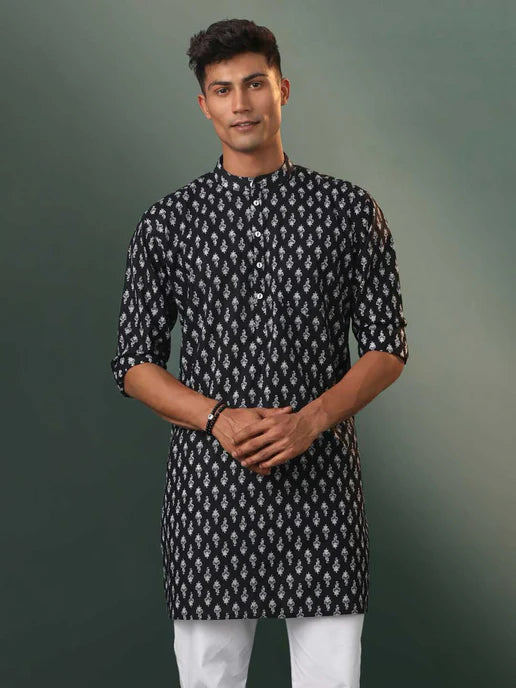 Men's Black Printed Cotton Kurta