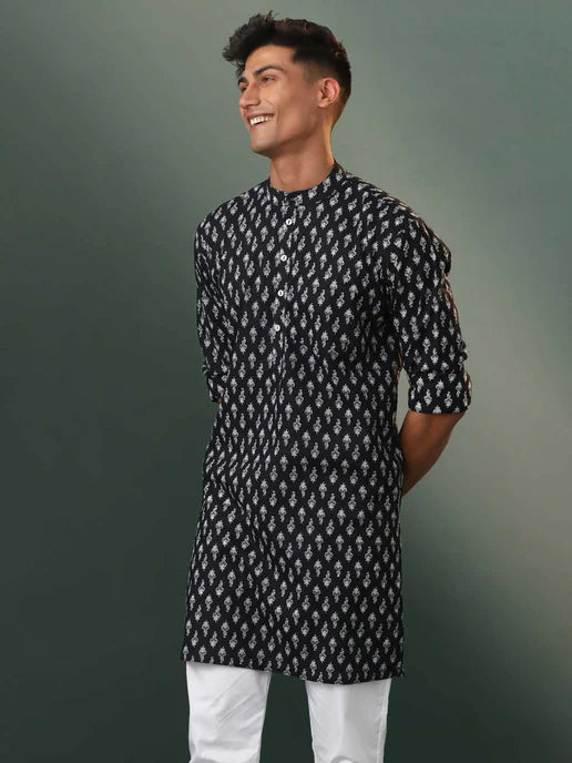 Men's Black Printed Cotton Kurta