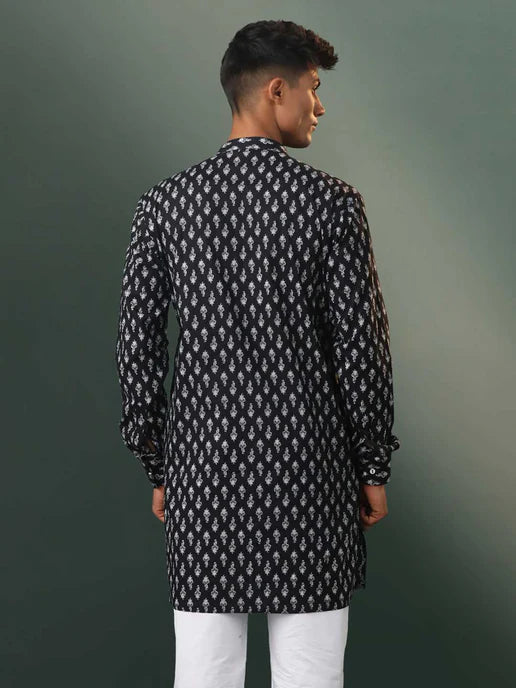 Men's Black Printed Cotton Kurta