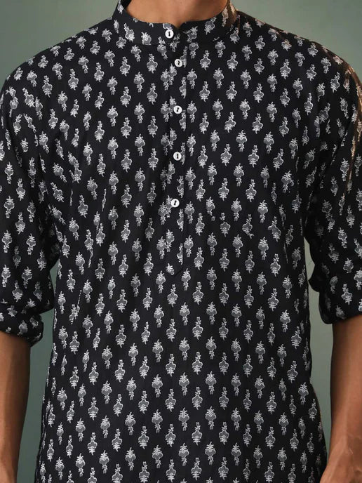 Men's Black Printed Cotton Kurta