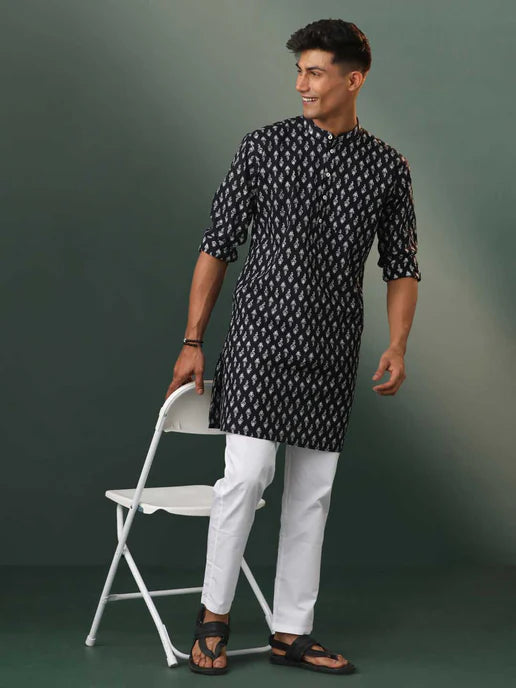 Men's Black Printed Cotton Kurta